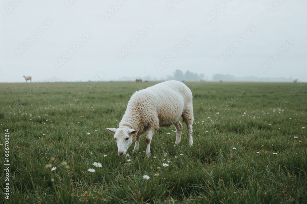 Obraz premium A lone white sheep feeds in a grassy field beneath a cloudy sky in a portrait orientation
