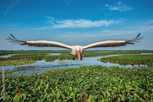 A pelican soaring over a ri...