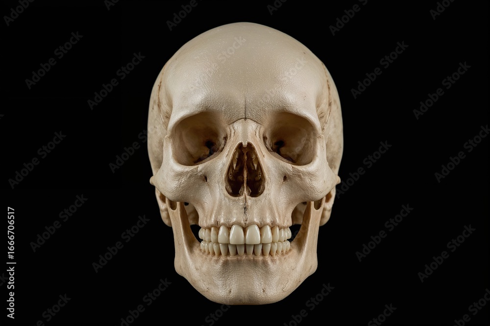 Obraz premium Isolated Realistic Human Skull Against a Black Background, Facing Forward with Visible Teeth and Closed Jaw, Close-Up View