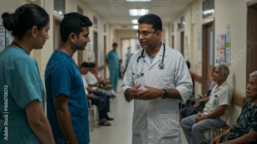 Doctor Talking with Staff in Hospital Hallway About Patient Care