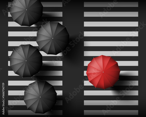 Man with a red umbrella walks towards people with black umbrellas on a pedestrian crossing. Top view. Vector illustration