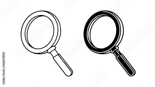 Magnifying Glass Search Icons in Outline and Solid Black Vector Style