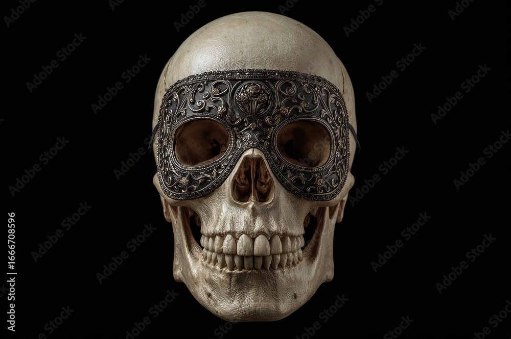 Fototapeta premium A human skull wearing a mask symbolizes our hidden identities, yet beneath the surface, we share the same humanity.
