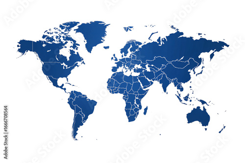 Blue world map showing all continents with country borders outlined in white, isolated on a transparent background