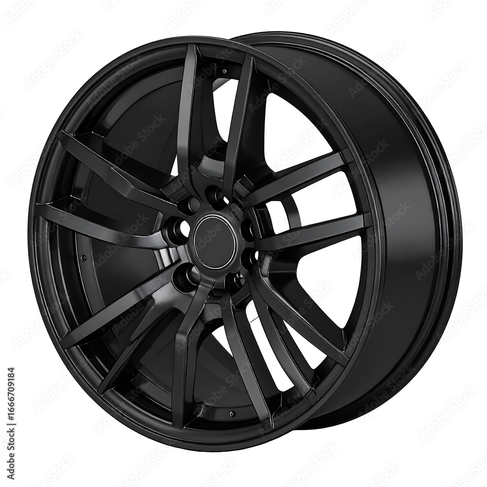 Obraz premium Sleek black custom car wheel rim design on transparent background