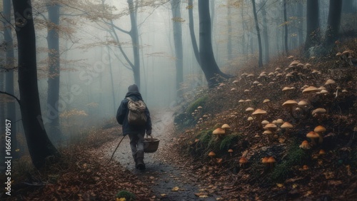 Mysterious Forest Path: Forager Walks Through Misty Woods, Mushroom Harvest.