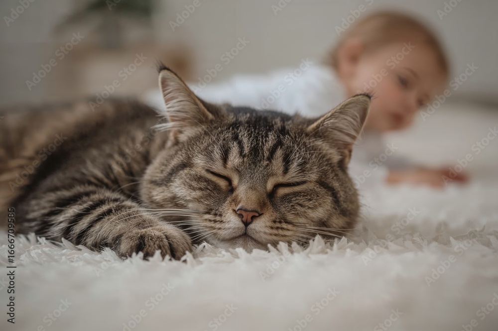 Obraz premium A peaceful grey tabby lounges on a light-toned carpet, eyes softly shut.