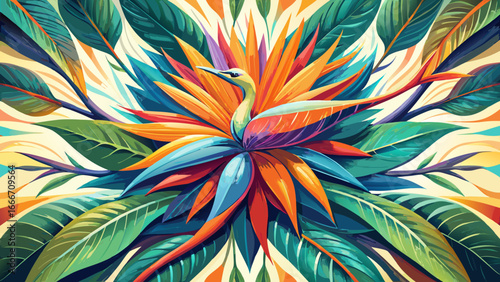 Bird of paradise watercolor vision repeats, petals painted with radiant hues, surreal yet semi-realistic abstraction flows, timeless representation of botanical artistry merging color, shape, and exot