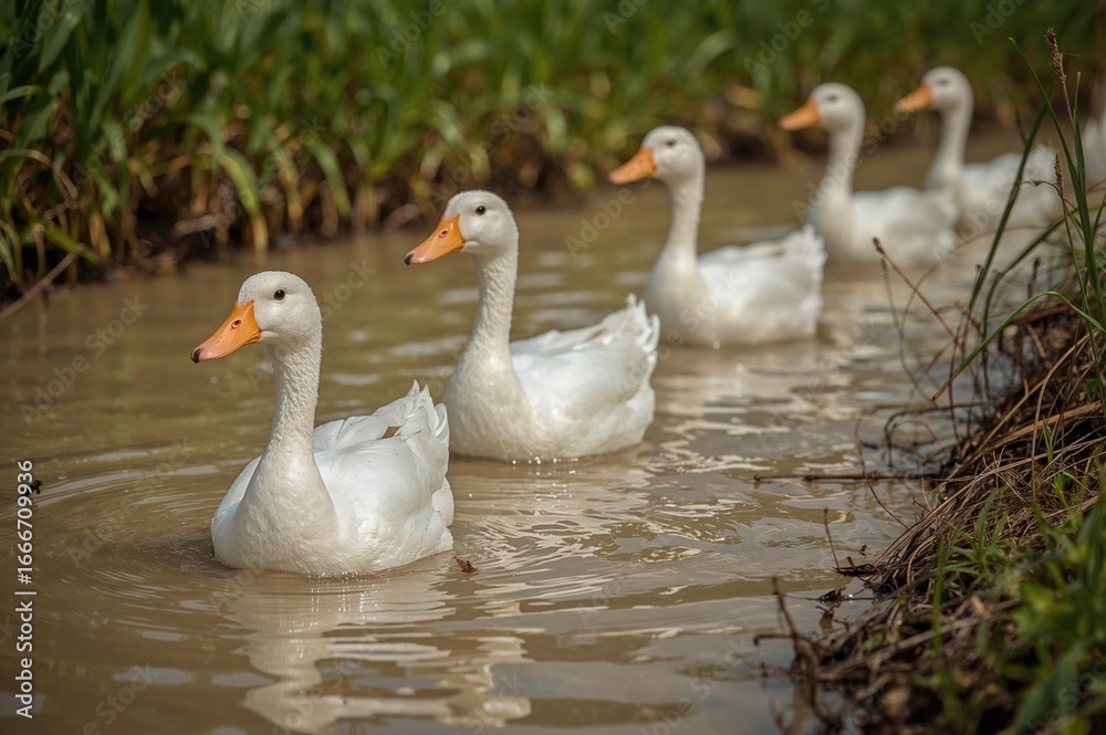 A row of ducks standing in muddy water A row of ducks standing in muddy water