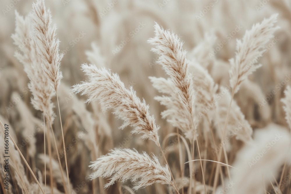 Fototapeta premium Blurred soft plant backdrop with frosty grass and dry reeds in boho style