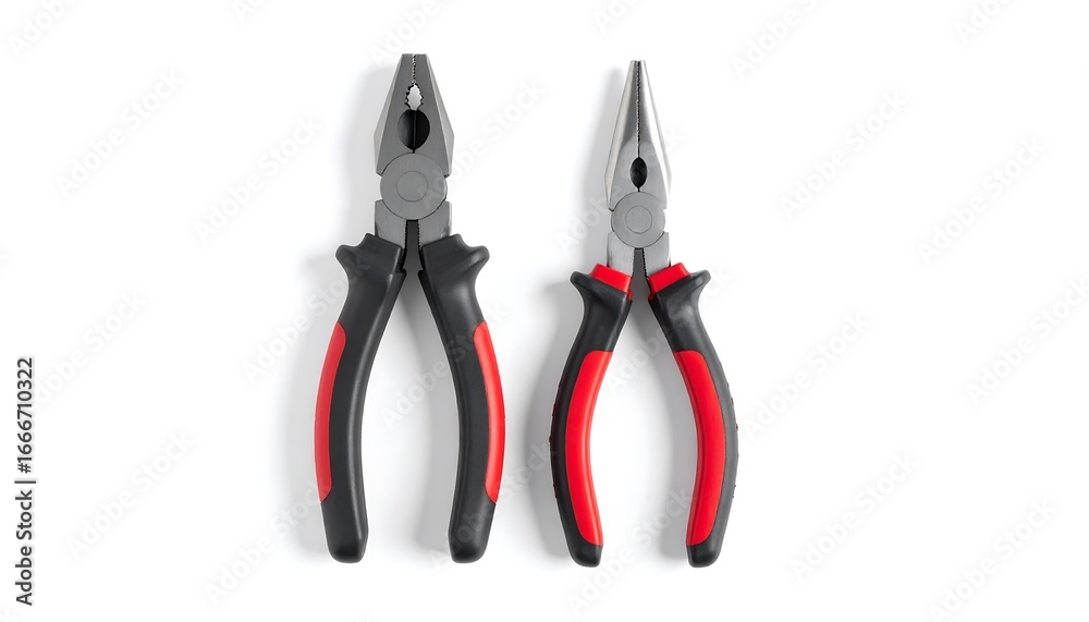 Obraz premium Essential grey metal combination and needle-nose pliers with black and red handles, arranged vertically on a clean white background, symbolizing craftsmanship, industry, and the spirit of Labor Day.