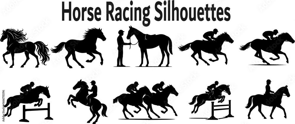 Fototapeta premium Horse Racing Silhouettes Set Black and White Minimalist Vector Collection of Jockeys and Dynamic Race Moments