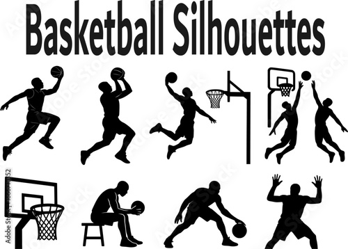 Set of 8 basketball vector silhouettes: players, dribbling, shooting, dunking, and passing. Ideal for sports illustrations, logos, and marketing materials