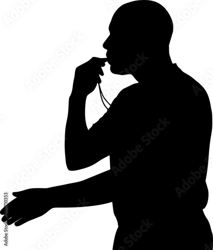 Black and white vector of a basketball referee silhouette blowing a whistle. Perfect for sports illustrations, game designs, and basketball graphics