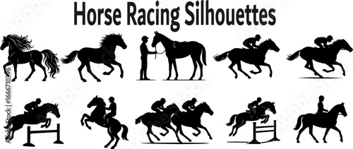 Horse Racing Silhouettes Set Black and White Minimalist Vector Collection of Jockeys and Dynamic Race Moments