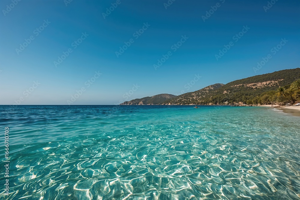Fototapeta premium Wide view of a tropical beach with clear blue waters and mountainous background