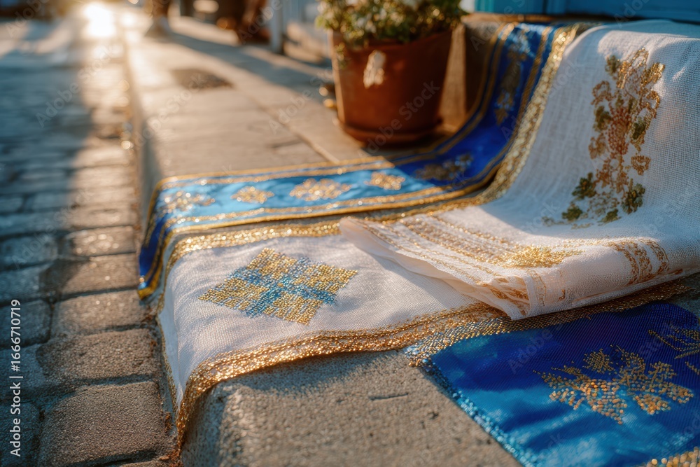 Fototapeta premium Elegant Traditional Textile Draped on Cobblestone Street with Warm Sunlight, Showcasing Detailed Embroidery and Rich Colors in an Outdoor Setting