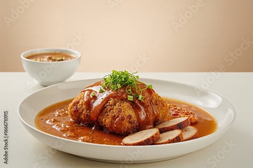 Deep-fried pork cutlet serv...