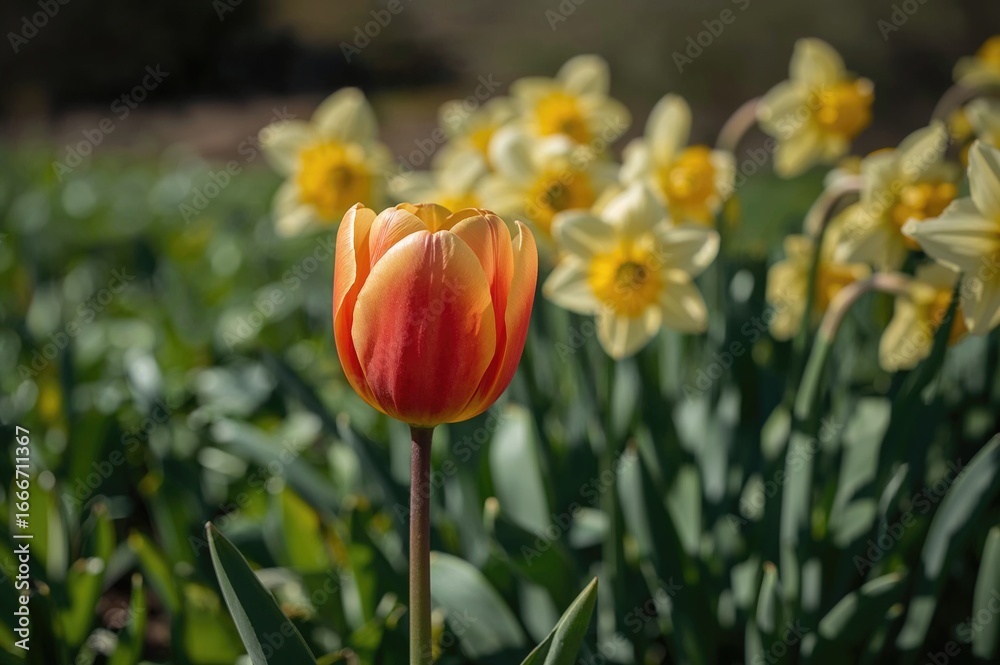 Fototapeta premium A tulip blossom stands out vividly against a backdrop of yellow daffodils