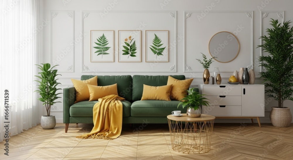 Obraz premium Interior of Stylish living room with comfortable green sofa 