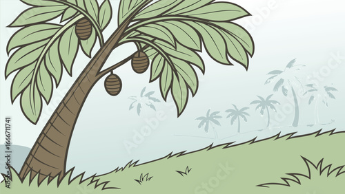 Cartoon palm tree with coconuts and distant palm trees