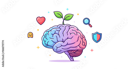 Mental Health, Brain, and Growth A Colorful Illustration Exploring Psychological Wellbeing and Wellness