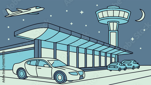 Airport terminal at night with cars and airplane building