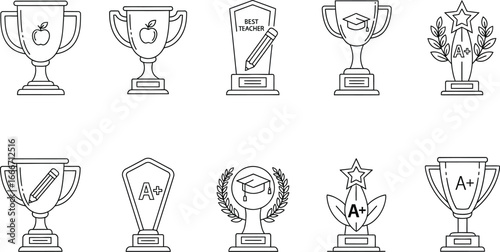 Collection of school awards and trophies in line art style, perfect for educational designs and celebrating student achievements
