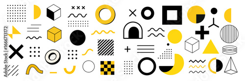 A dynamic collection of abstract geometric shapes and patterns arranged in a clean grid layout. Ideal for modern design projects, branding, packaging, posters, web design, and educational materials.