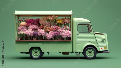 Retro green flower truck, filled with colorful bouquets