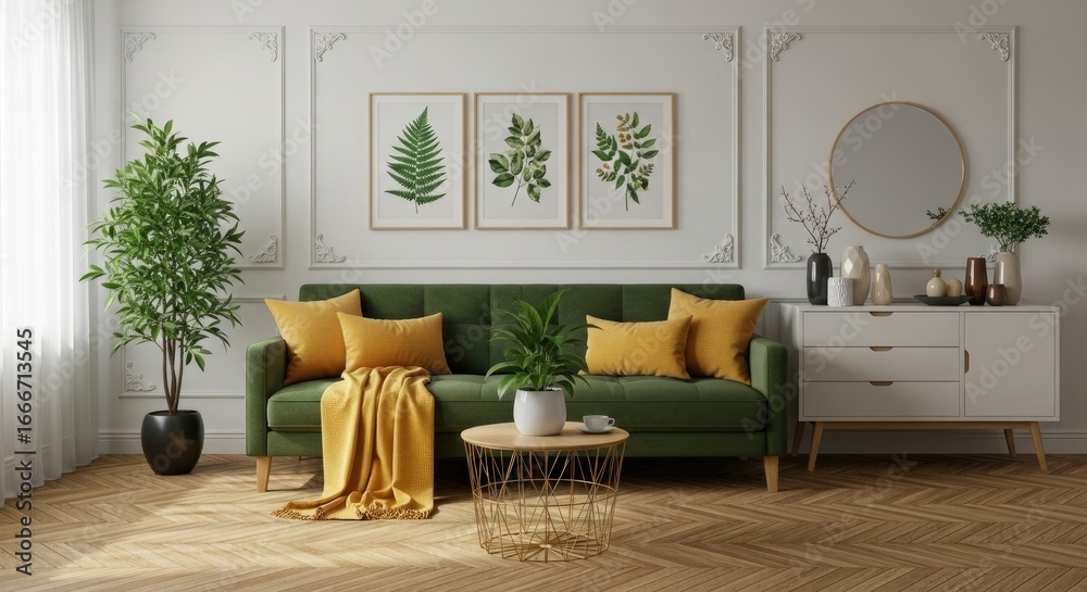 Obraz premium Interior of Stylish living room with comfortable green sofa 