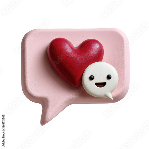 Cute 3D Heart and Smile Emoji Icon on Pink Speech Bubble Background for Digital Content