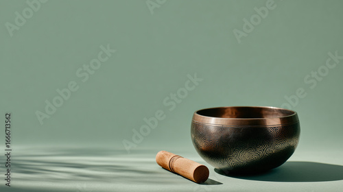 Singing Bowl with Wooden Striker on Sage Green Background – Mindfulness and Sound Therapy Concept