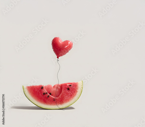 A whimsical and minimalist studio composition featuring a juicy slice of watermelon with a floating heart-shaped balloon tied to its seeds.