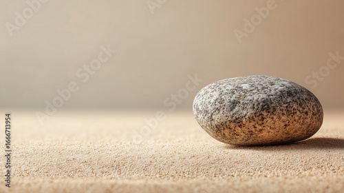 Smooth Beach Stone on Warm Sand-Colored Background – Zen Simplicity and Mindfulness Concept