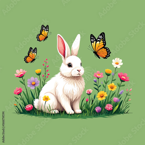 Adorable white bunny rabbit sitting in a field of colorful wildflowers with butterflies flying around