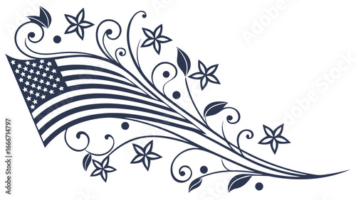 American flag with floral swirl design United States