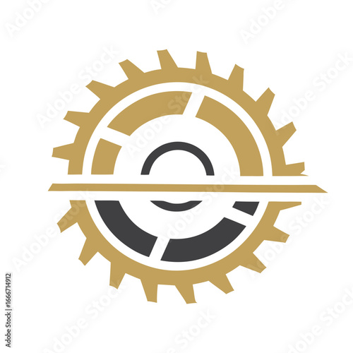 Abstract golden and dark grey gear wheel with horizontal line mechanical industrial