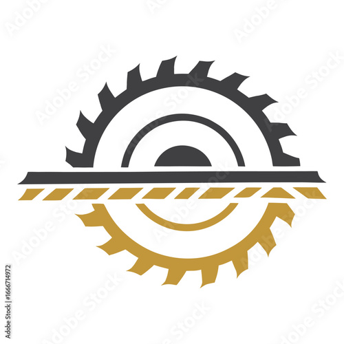 Circular saw blade cutting through wood grain graphic design vector