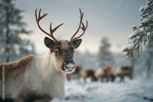 A majestic reindeer stands in the middle of a snowy Lapland forest, its antlers wide and strong against the pale winter sky