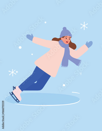A woman ice skating, losing balance, and about to fall on a frozen surface with snowflakes.