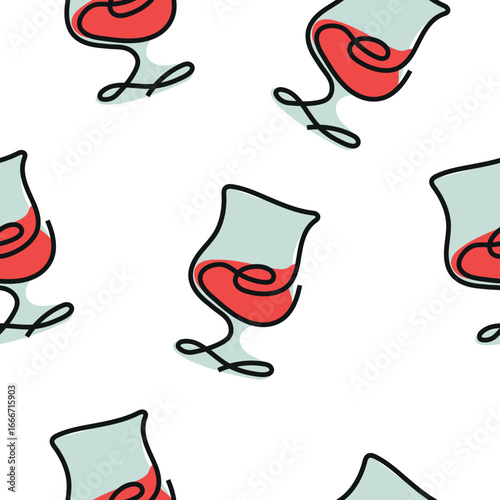 seamless pattern with wine glasses in line art style drawn with multiple lines and abstract spots along the contour, for packaging, textiles or websites