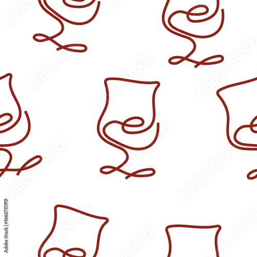 seamless pattern with wine glasses in line art style drawn with several red lines, for packaging, textiles or websites