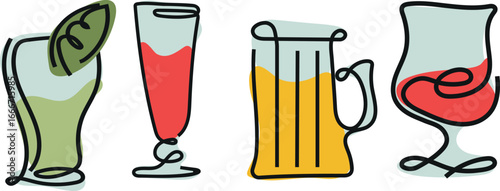 large set of various glasses for alcoholic and non-alcoholic drinks drawn with colorful contours and abstract spots, for packaging, textiles or websites