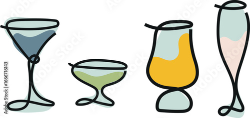 large set of various glasses of different shapes for alcoholic and non-alcoholic drinks drawn with colorful contours and abstract spots, for packaging, textiles or websites