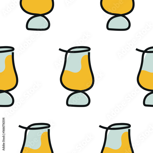 seamless pattern with round glasses for drinks in line art style drawn with several lines and yellow abstract spots, for packaging, textiles or websites