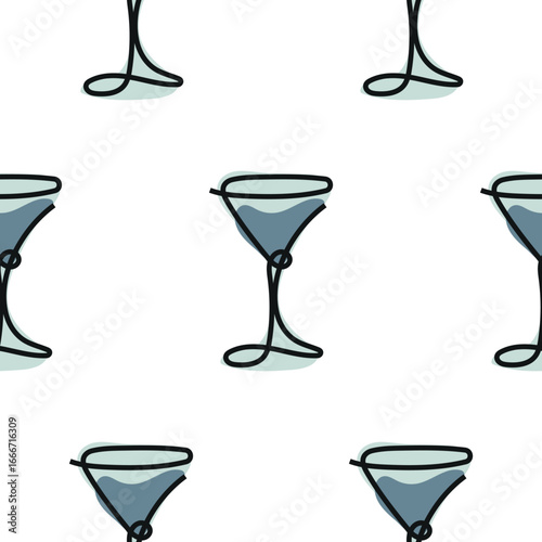 seamless pattern with decorative martini glasses in line art style drawn with multiple lines and abstract blue spots, for packaging, textiles or websites