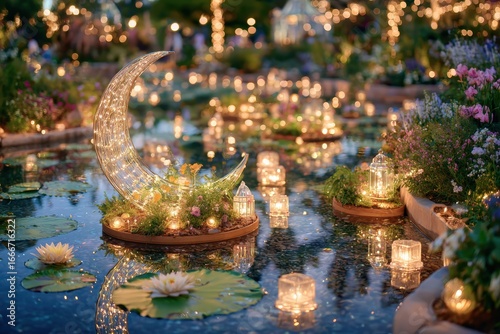Enchanting evening scene in a serene garden illuminated by shimmering lanterns and moon-shaped light fixtures reflecting on tranquil waters filled with blooming lily pads.