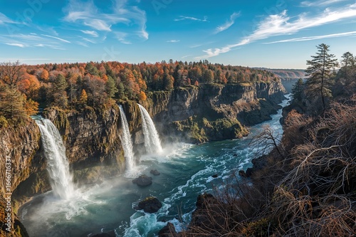 Wide-angle view of a lush forest cascading over rocky cliffs into a deep gorge, hinting at early autumn colors.