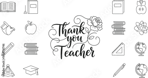 Line art illustration with "thank you teacher" text surrounded by school icons